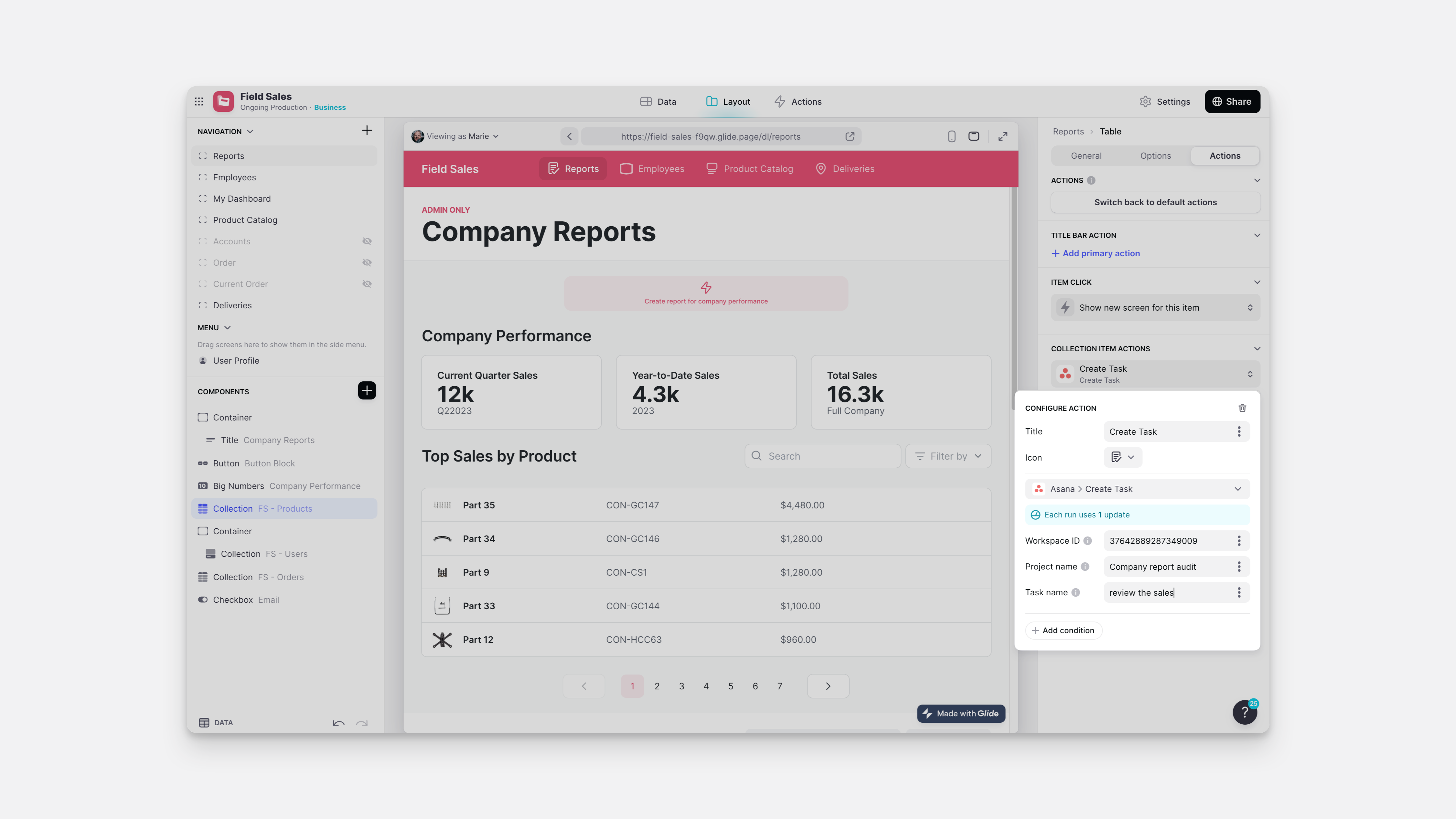Configuring the Create task action